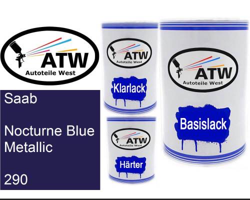 Saab, Nocturne Blue Metallic, 290: 500ml Lackdose + 500ml Klarlack + 250ml Härter - Set, von ATW Autoteile West.
